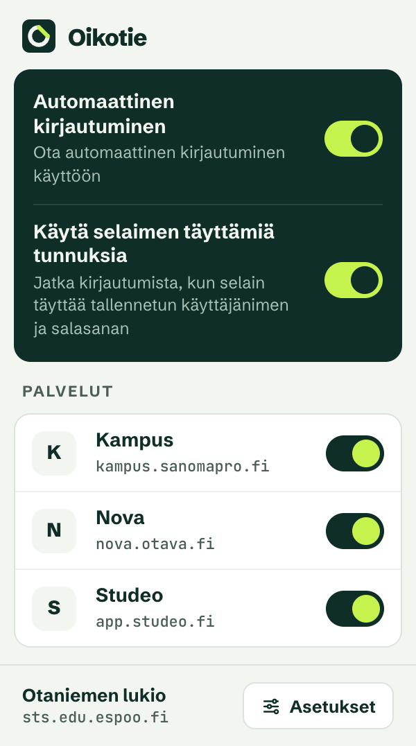 Oikotien ponnahdusikkuna: automaattinen kirjautuminen päällä, Kampus, Nova ja Studeo listattuna.